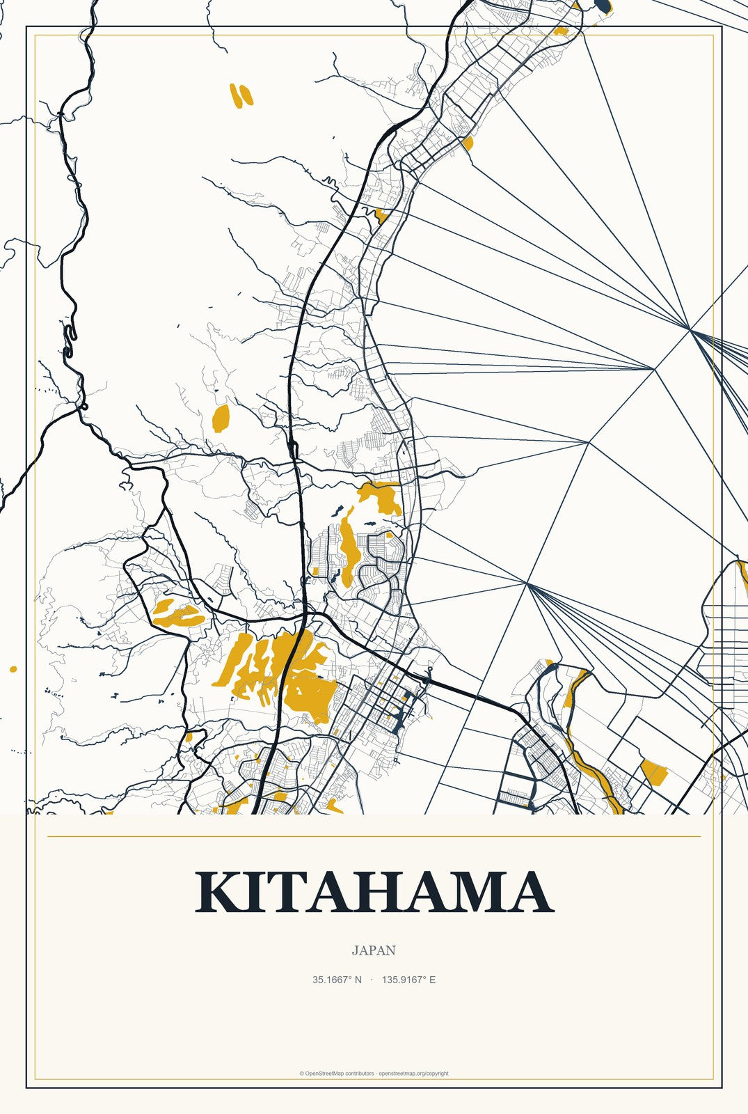 Kitahama, Japan City Map Aluminum Sign in Citrine Modern style