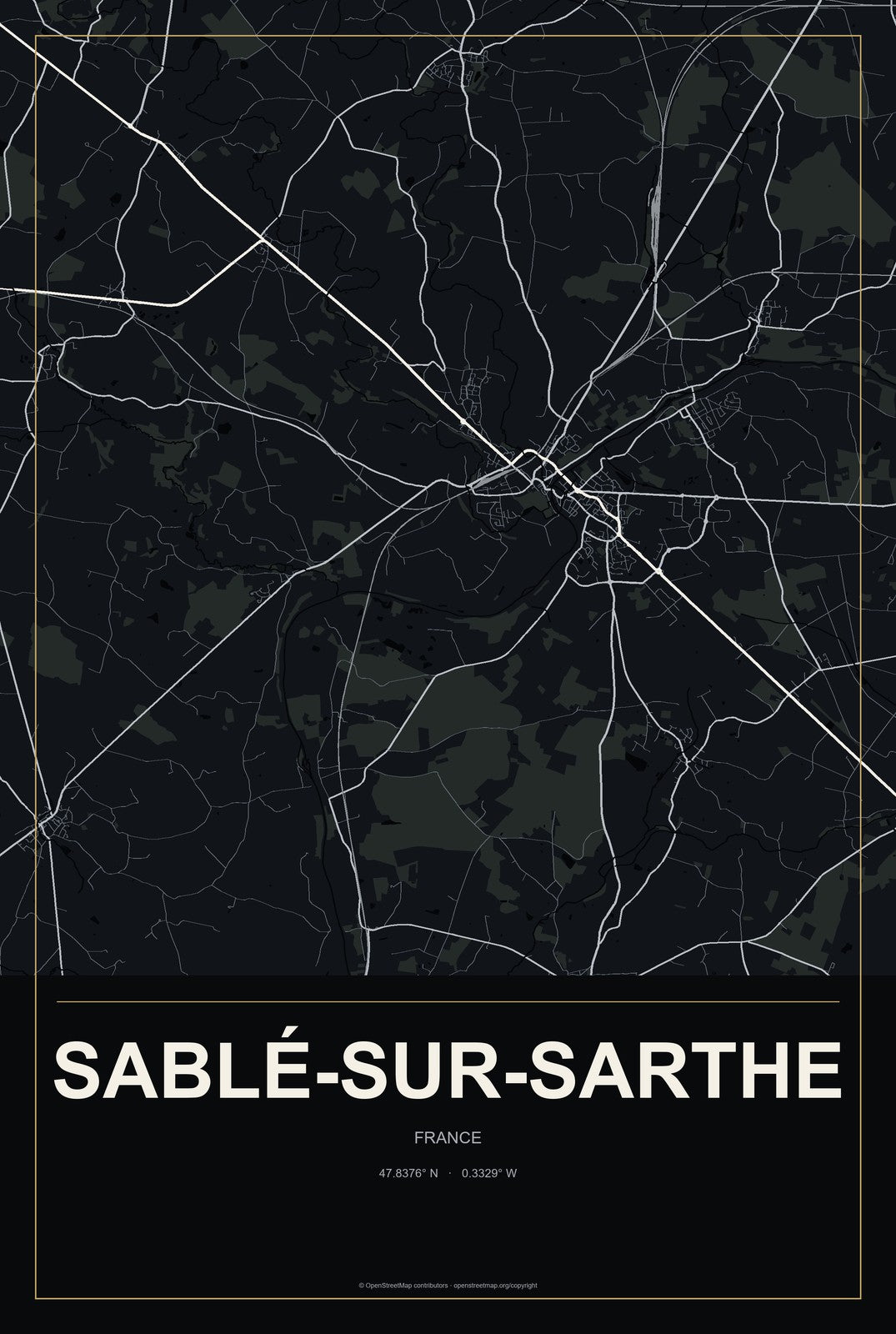 Sablé-sur-Sarthe, France City Map Aluminum Sign in Metropolitan Noir style