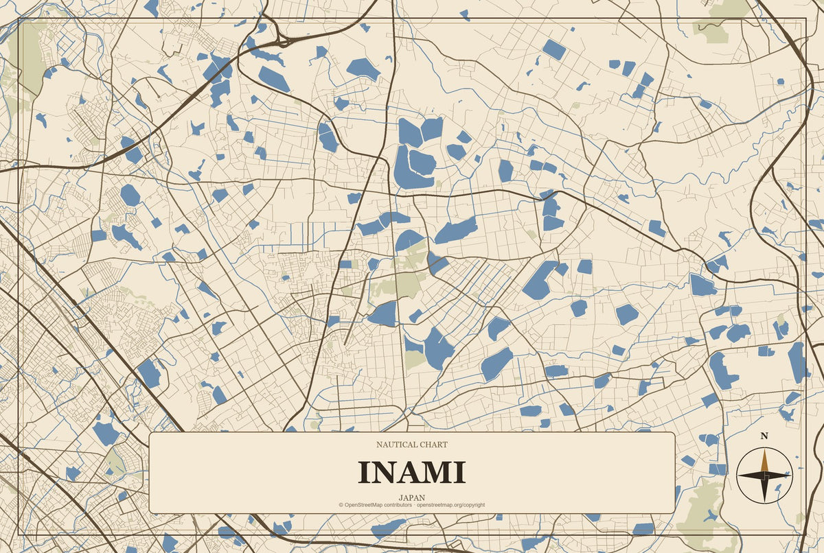 Inami, Japan City Map Aluminum Sign in Heritage Nautical style