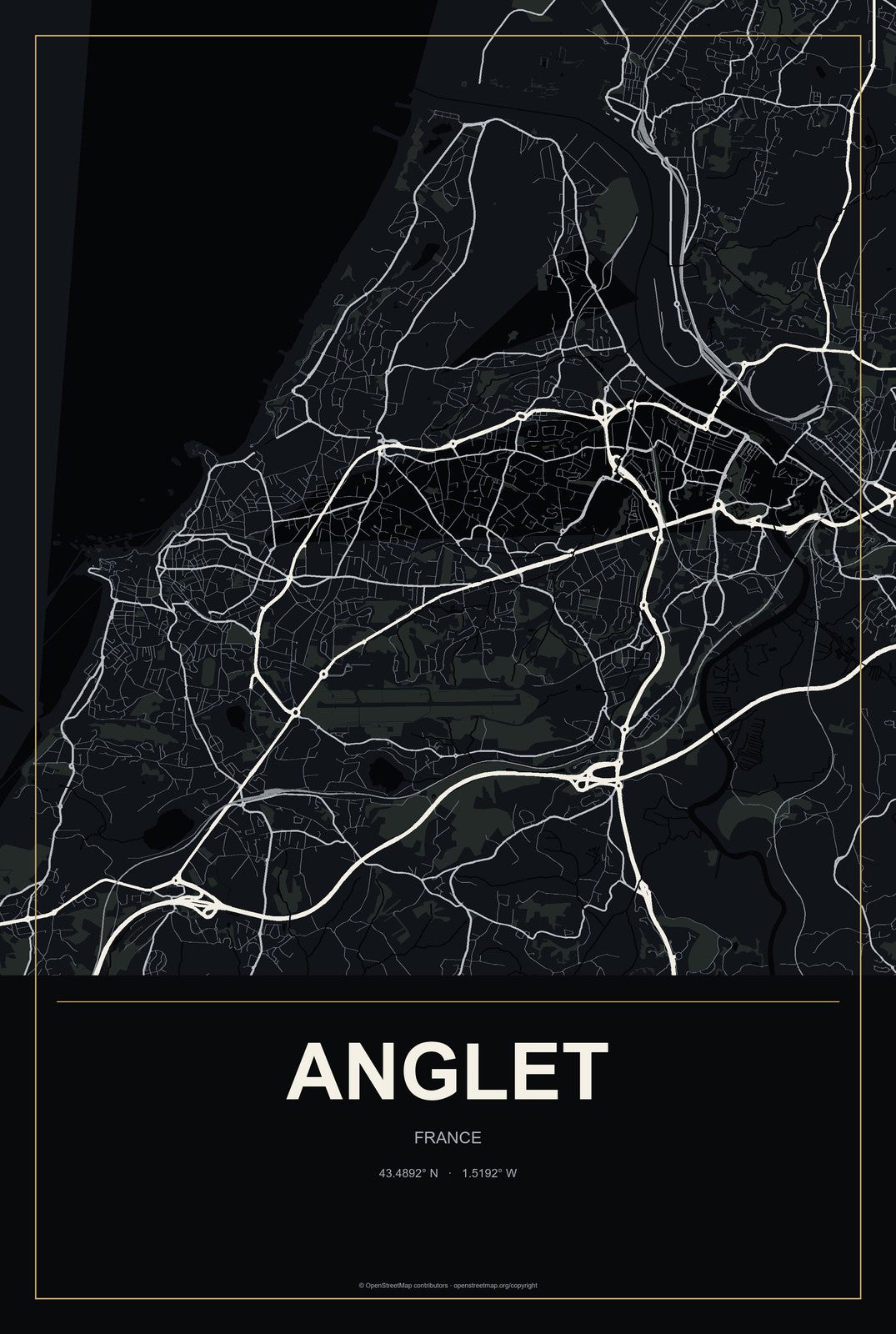 Anglet, France City Map Aluminum Sign in Metropolitan Noir style