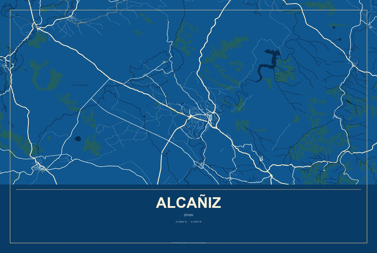 Alcañiz, Spain City Map Aluminum Sign in Harbor Cobalt style