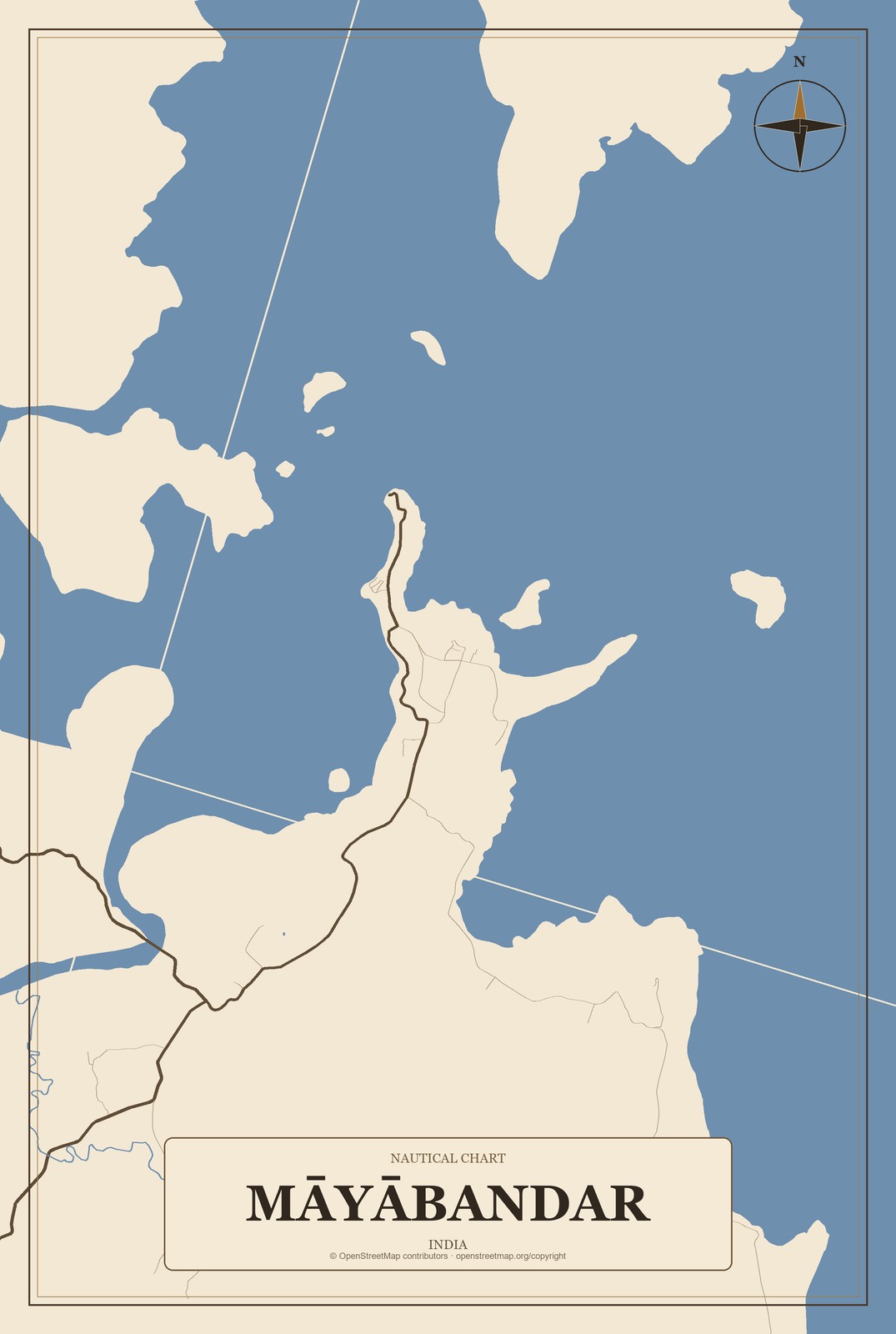 Māyābandar, India City Map Aluminum Sign in Heritage Nautical style