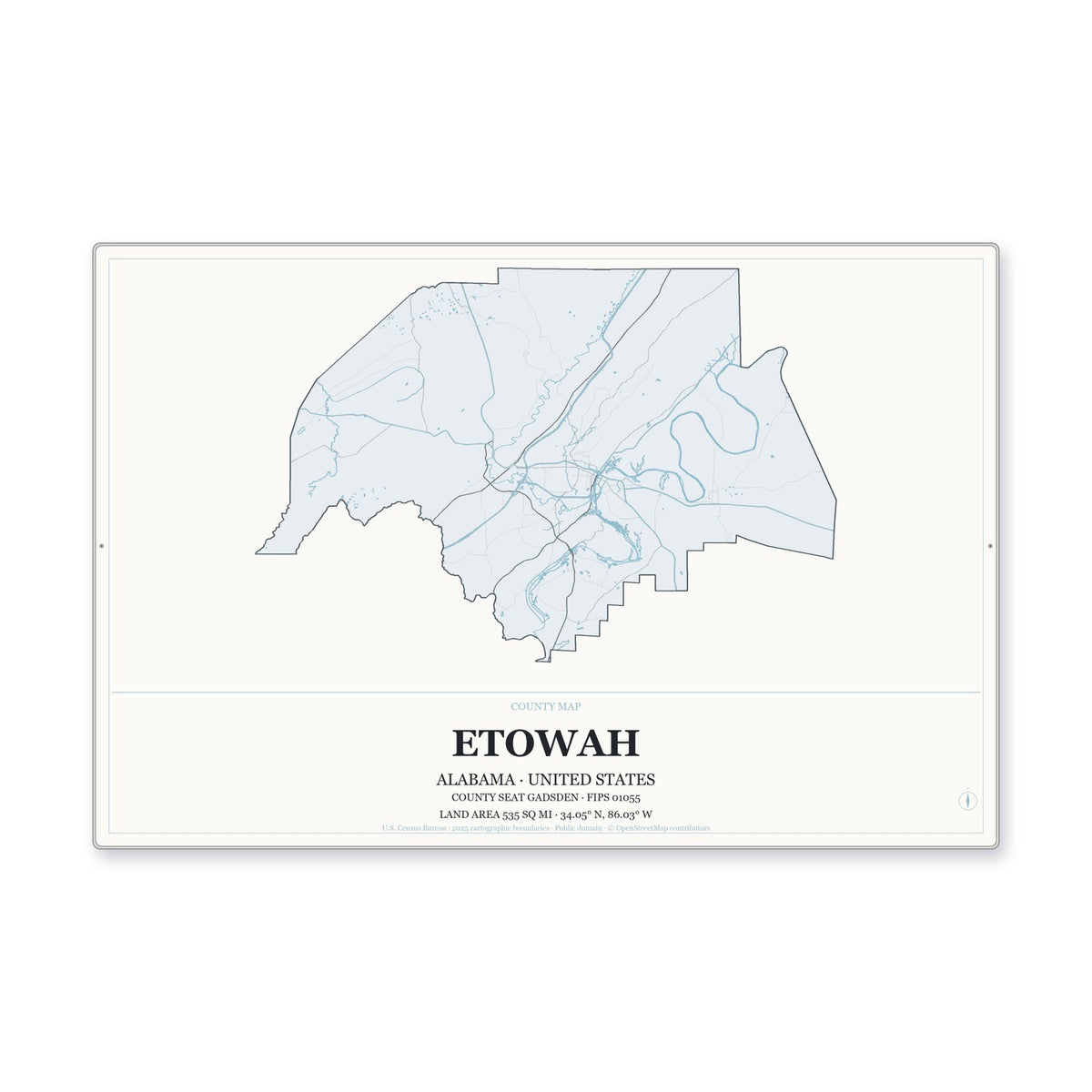 Etowah County, Alabama Map Aluminum Sign in Gallery Air style
