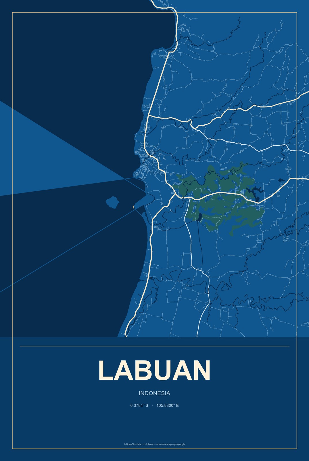 Labuan, Indonesia City Map Aluminum Sign in Harbor Cobalt style
