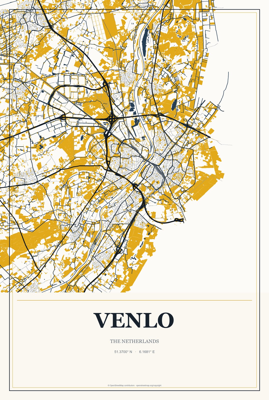 Venlo, The Netherlands City Map Aluminum Sign in Citrine Modern style