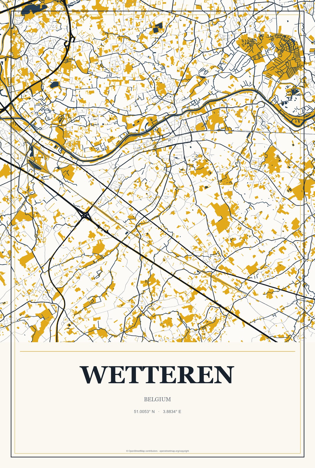 Wetteren, Belgium City Map Aluminum Sign in Citrine Modern style