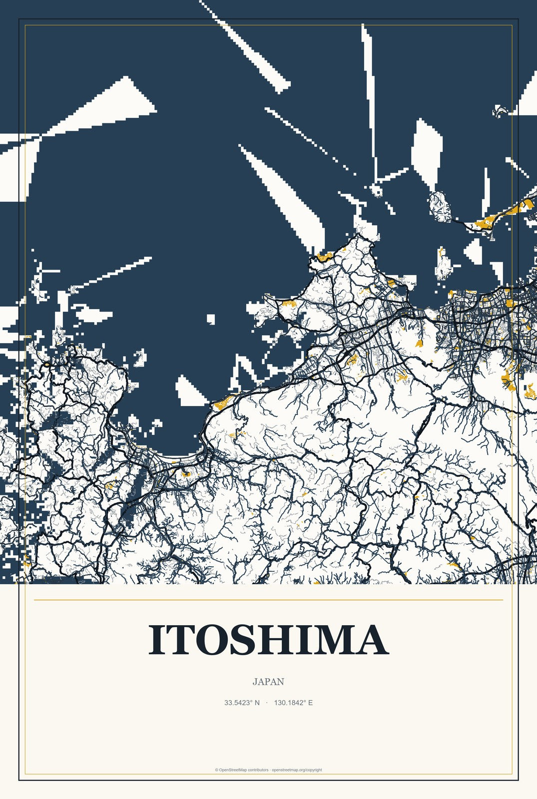 Itoshima, Japan City Map Aluminum Sign in Citrine Modern style