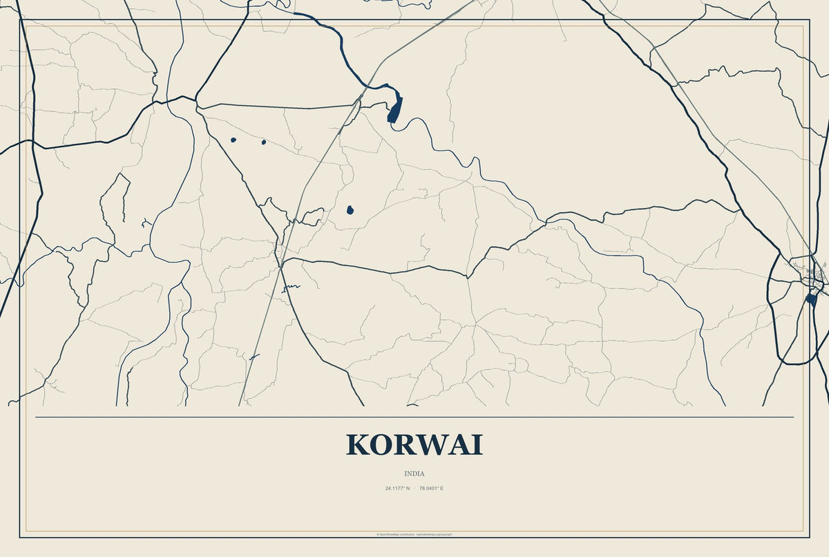 Korwai, India City Map Aluminum Sign in Coastal Cutout style