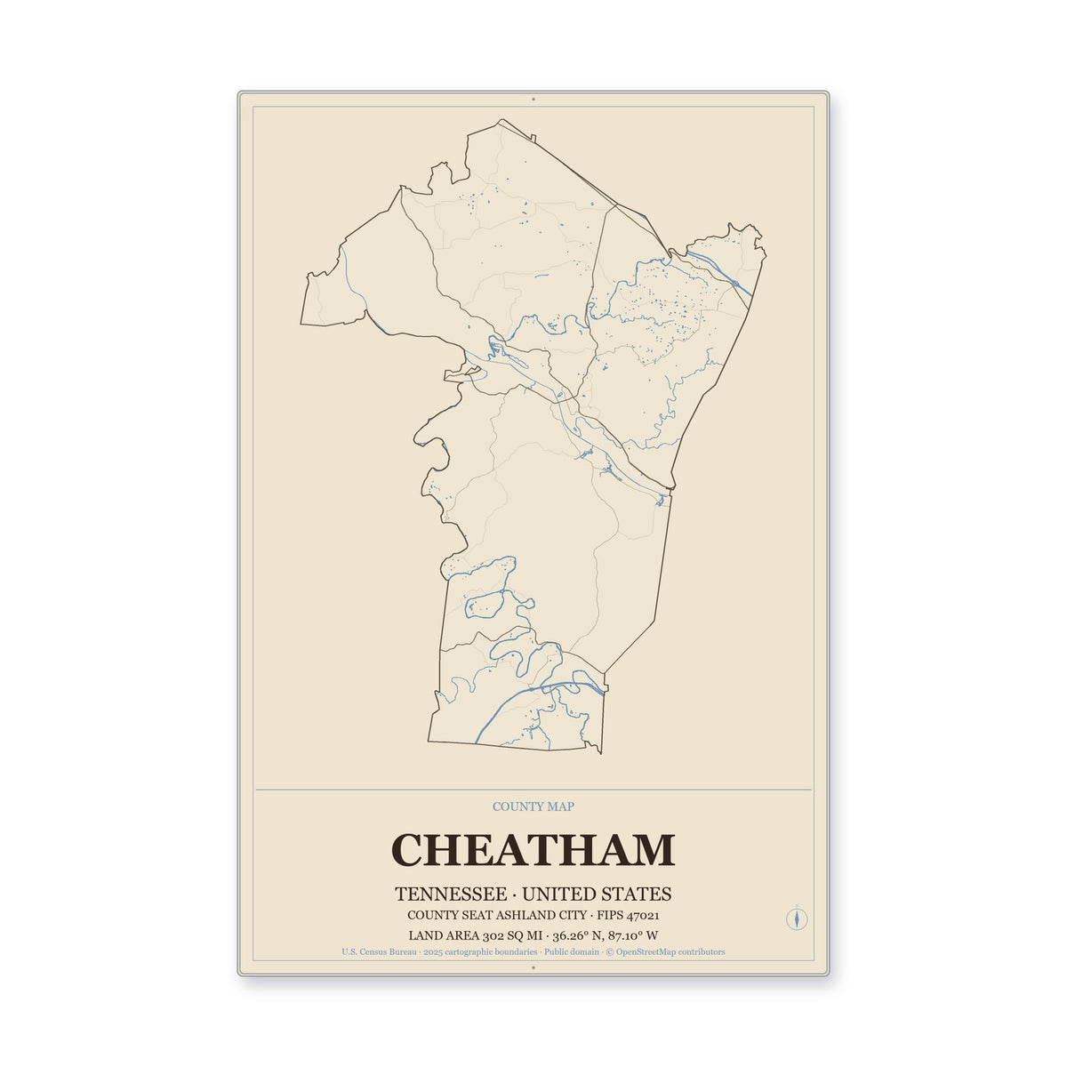 Cheatham County, Tennessee Map Aluminum Sign in Heritage Nautical style