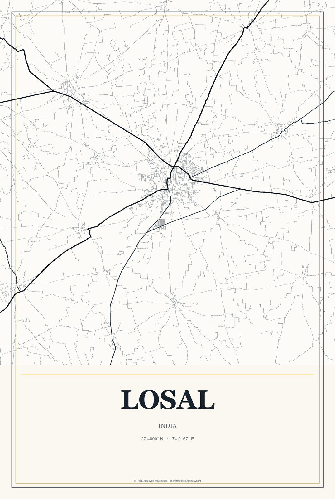 Losal, India City Map Aluminum Sign in Citrine Modern style
