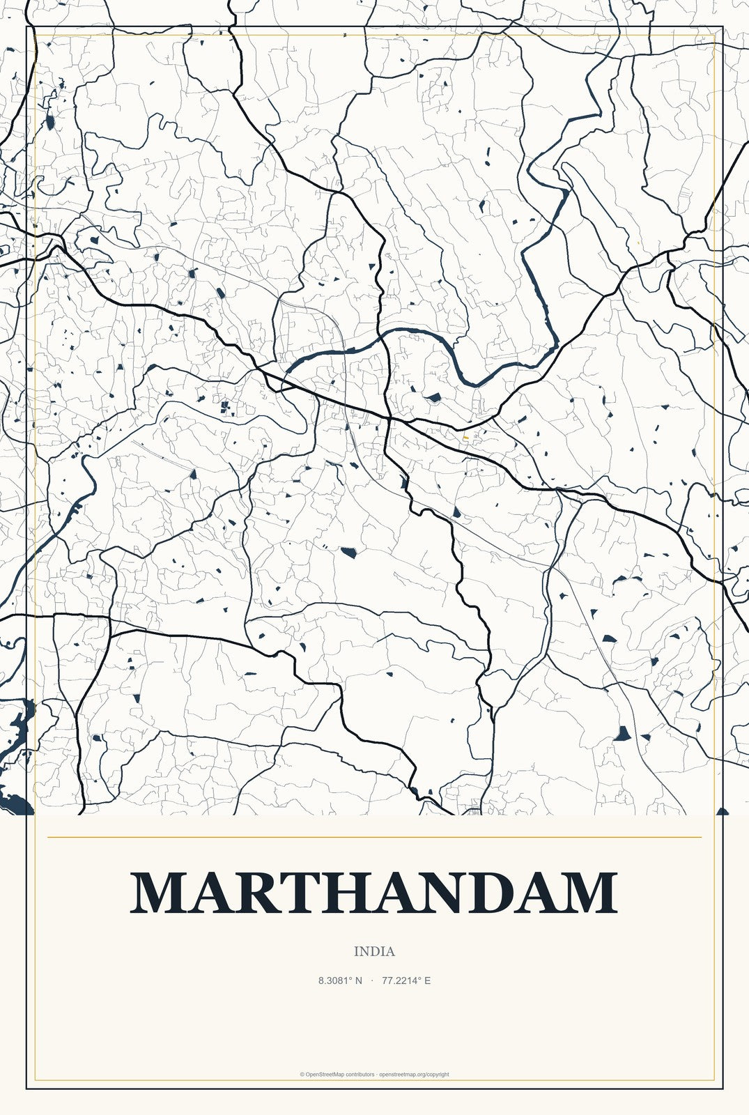 Marthandam, India City Map Aluminum Sign in Citrine Modern style