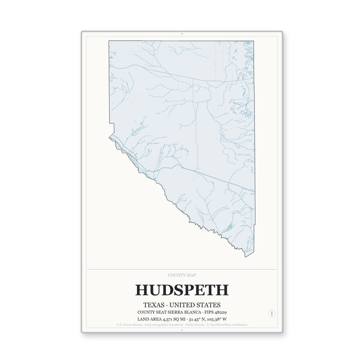 Hudspeth County, Texas Map Aluminum Sign in Gallery Air style