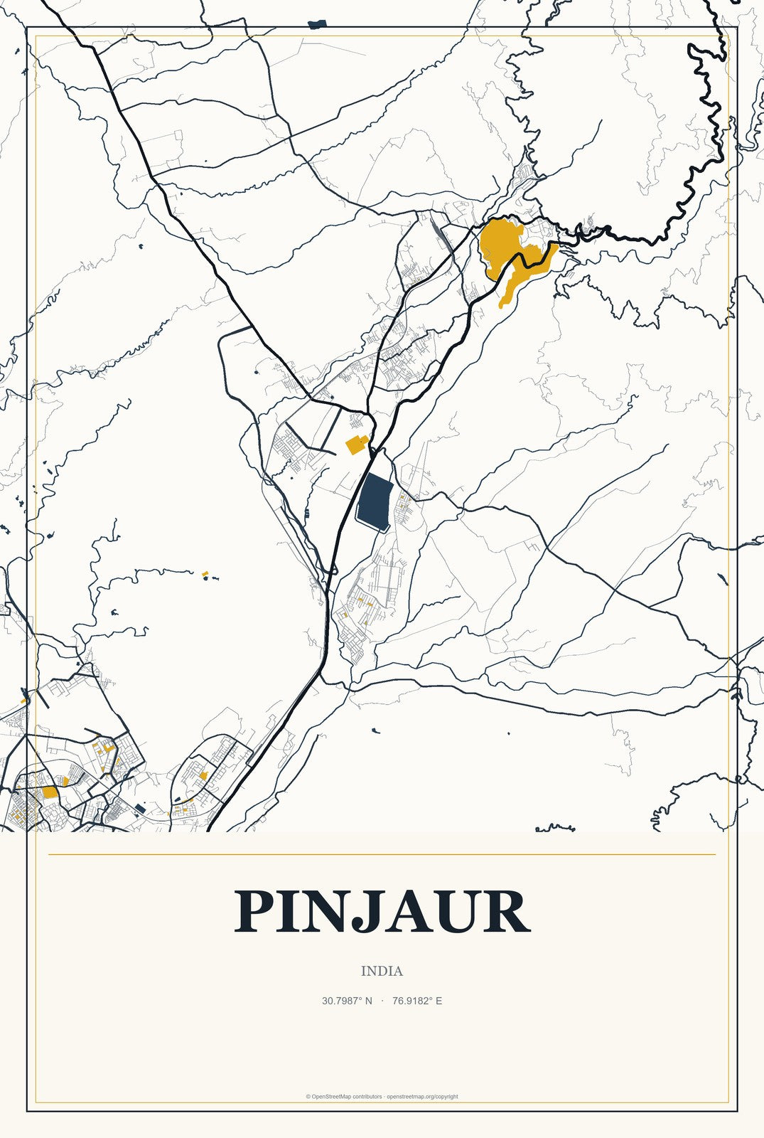 Pinjaur, India City Map Aluminum Sign in Citrine Modern style