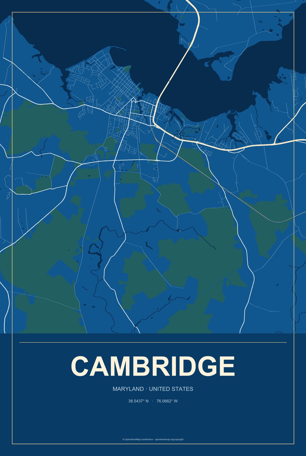Cambridge, Maryland City Map Aluminum Sign in Harbor Cobalt style