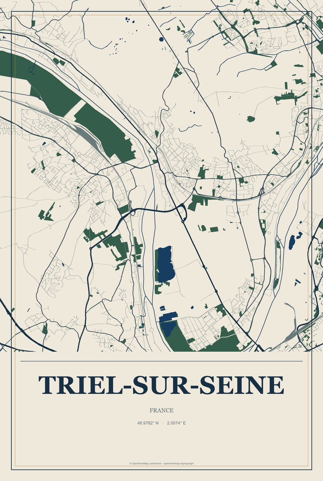 Triel-sur-Seine, France City Map Aluminum Sign in Coastal Cutout style