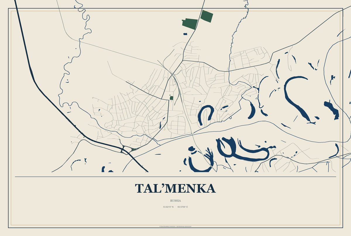 Tal’menka, Russia City Map Aluminum Sign in Coastal Cutout style