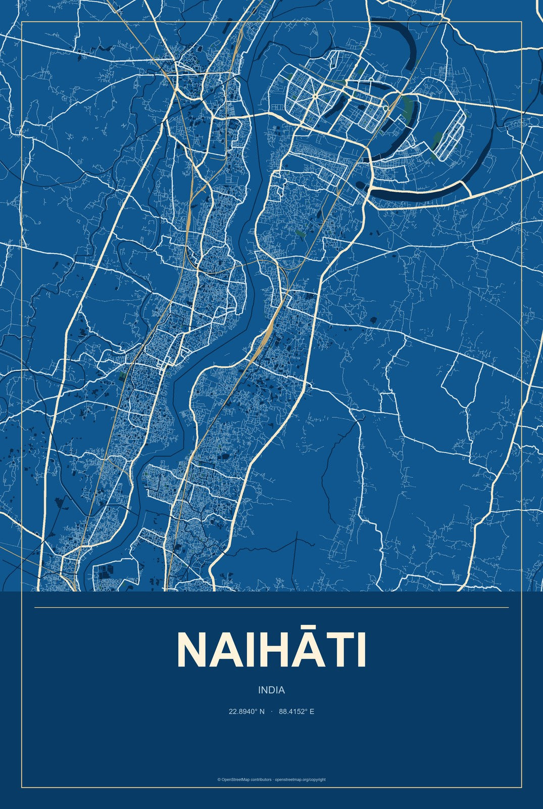 Naihāti, India City Map Aluminum Sign in Harbor Cobalt style