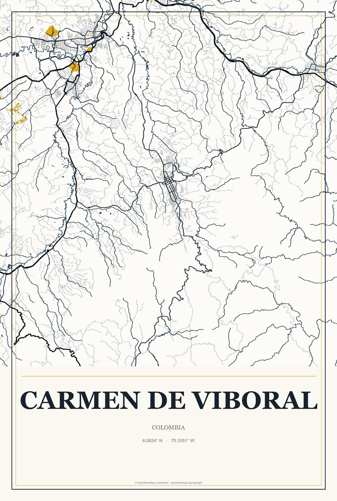 Carmen de Viboral, Colombia City Map Aluminum Sign in Citrine Modern style