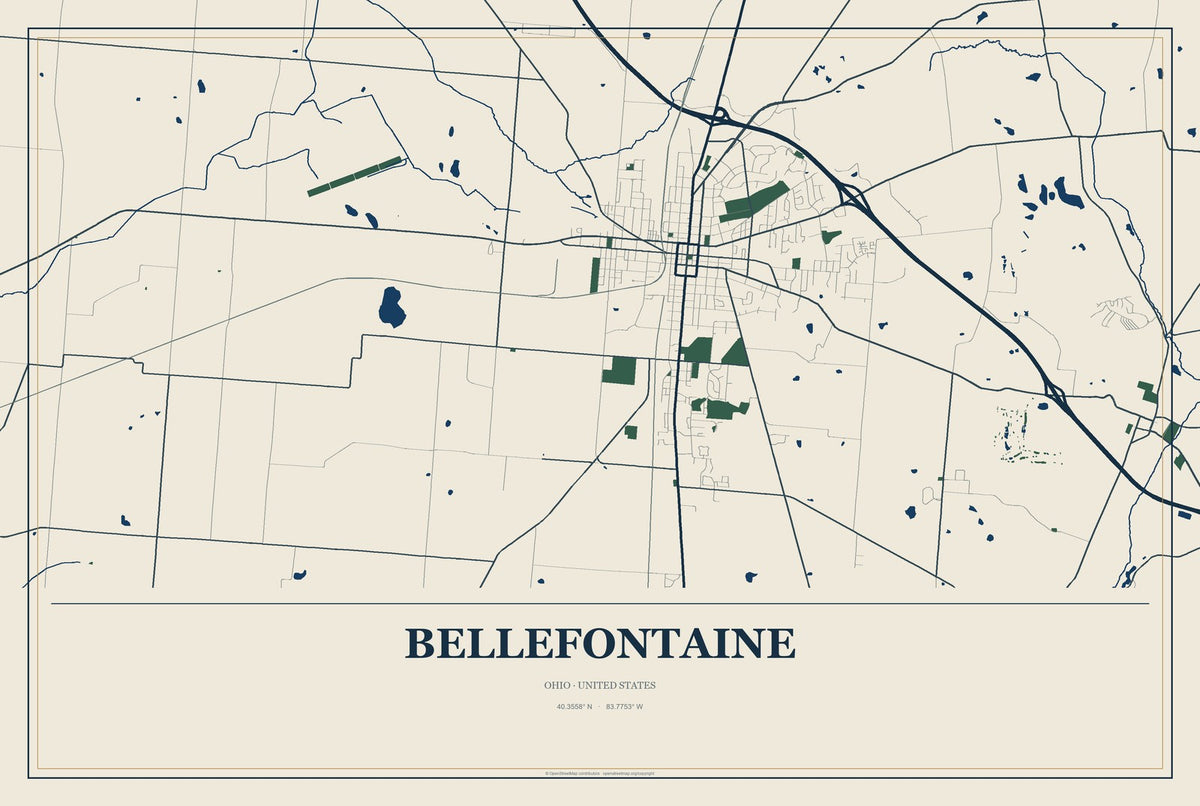 Bellefontaine, Ohio City Map Aluminum Sign in Coastal Cutout style