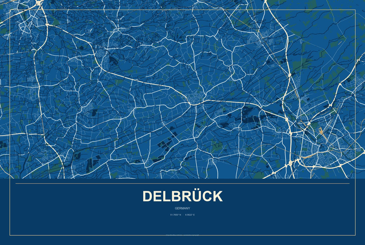 Delbrück, Germany City Map Aluminum Sign in Harbor Cobalt style