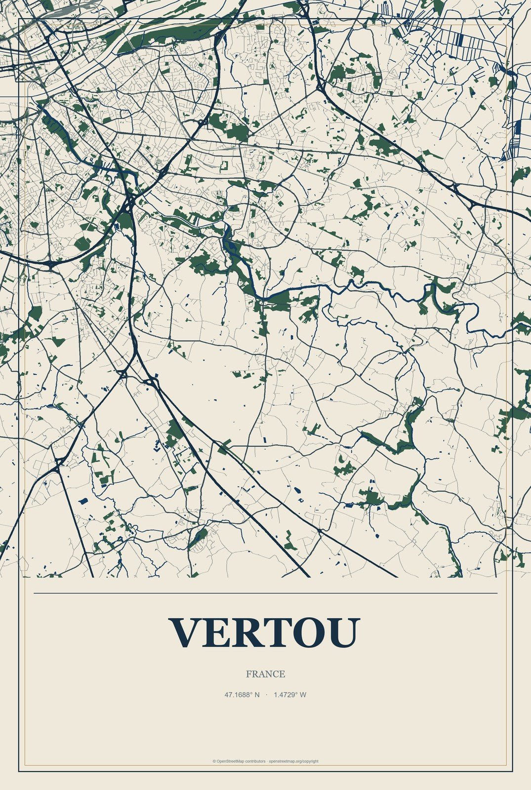 Vertou, France City Map Aluminum Sign in Coastal Cutout style