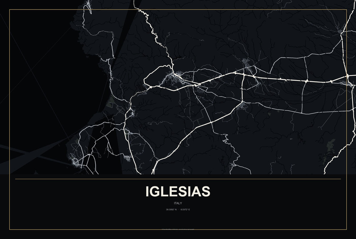 Iglesias, Italy City Map Aluminum Sign in Metropolitan Noir style