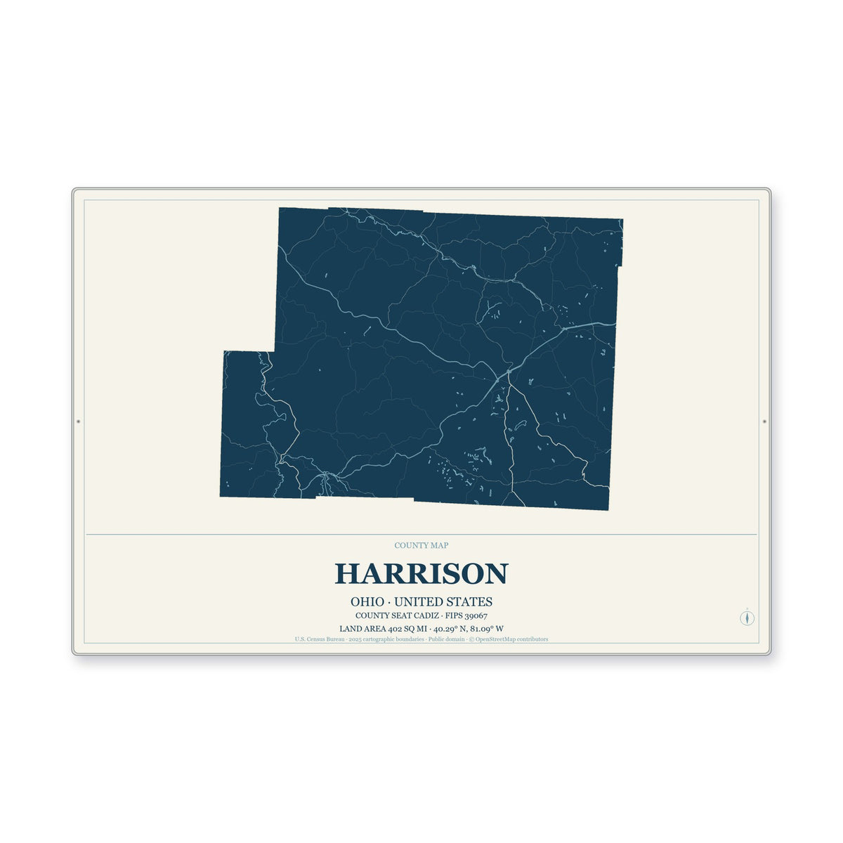 Harrison County, Ohio Map Aluminum Sign in Coastal Cutout style