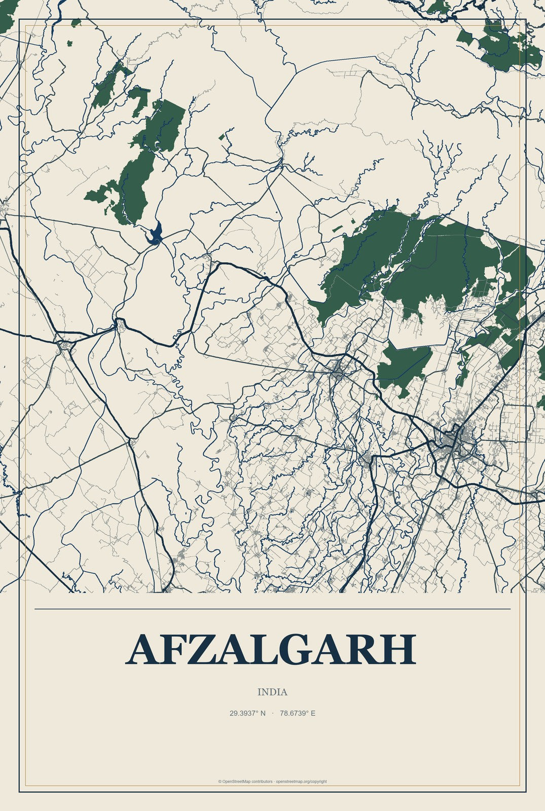 Afzalgarh, India City Map Aluminum Sign in Coastal Cutout style