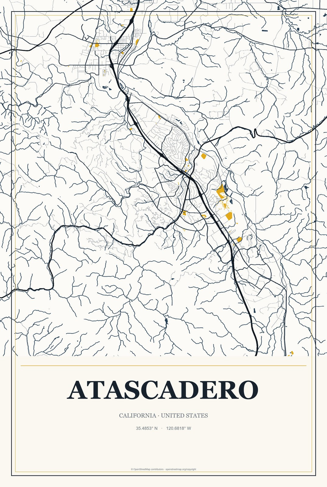 Atascadero, California City Map Aluminum Sign in Citrine Modern style