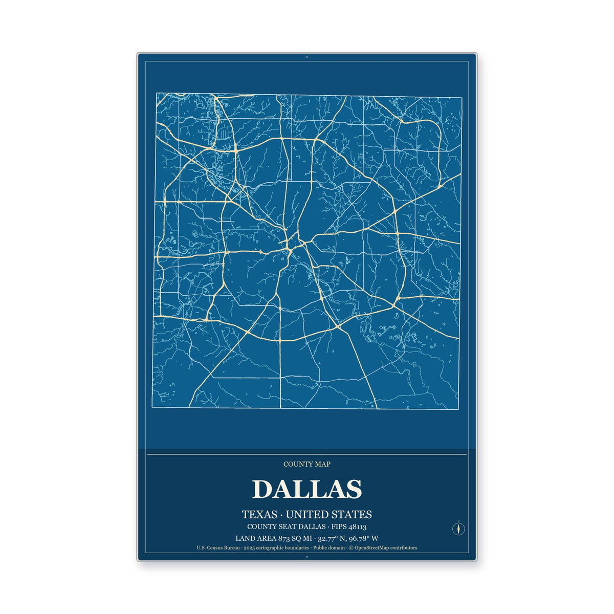 Dallas County, Texas Map Aluminum Sign in Harbor Cobalt style