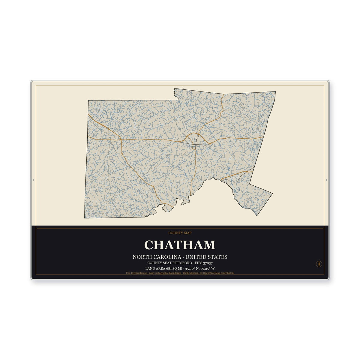 Chatham County, North Carolina Map Aluminum Sign in Museum Plaque style
