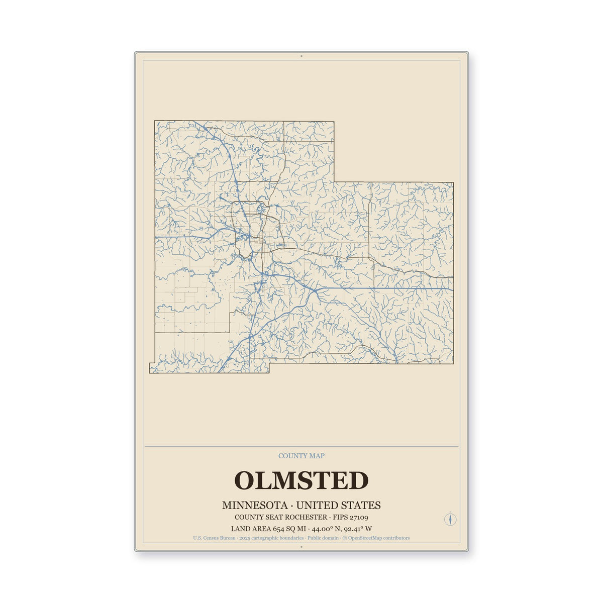 Olmsted County, Minnesota Map Aluminum Sign in Heritage Nautical style