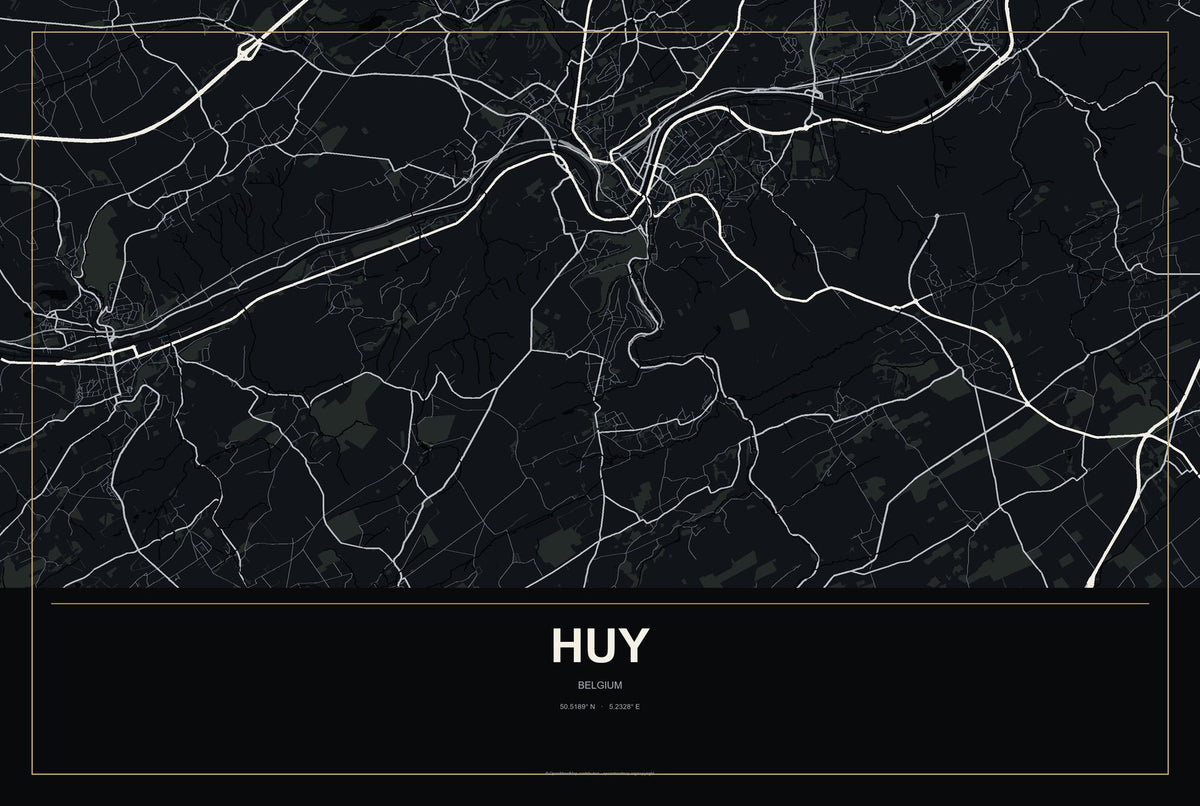 Huy, Belgium City Map Aluminum Sign in Metropolitan Noir style