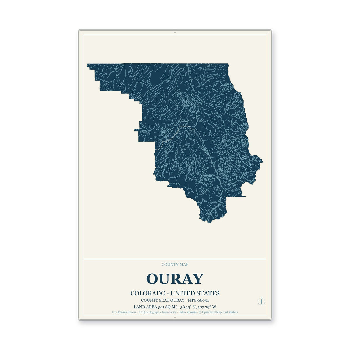 Ouray County, Colorado Map Aluminum Sign in Coastal Cutout style
