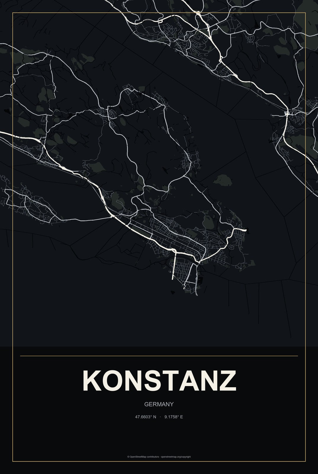 Konstanz, Germany City Map Aluminum Sign in Metropolitan Noir style