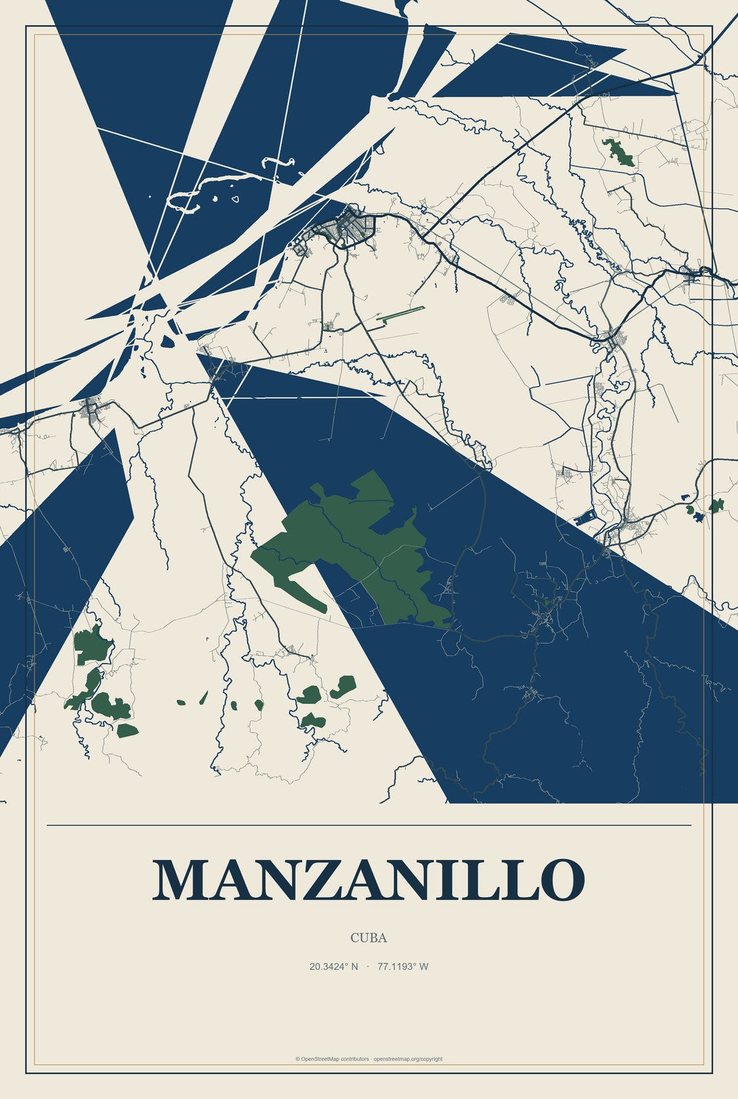 Manzanillo, Cuba City Map Aluminum Sign in Coastal Cutout style