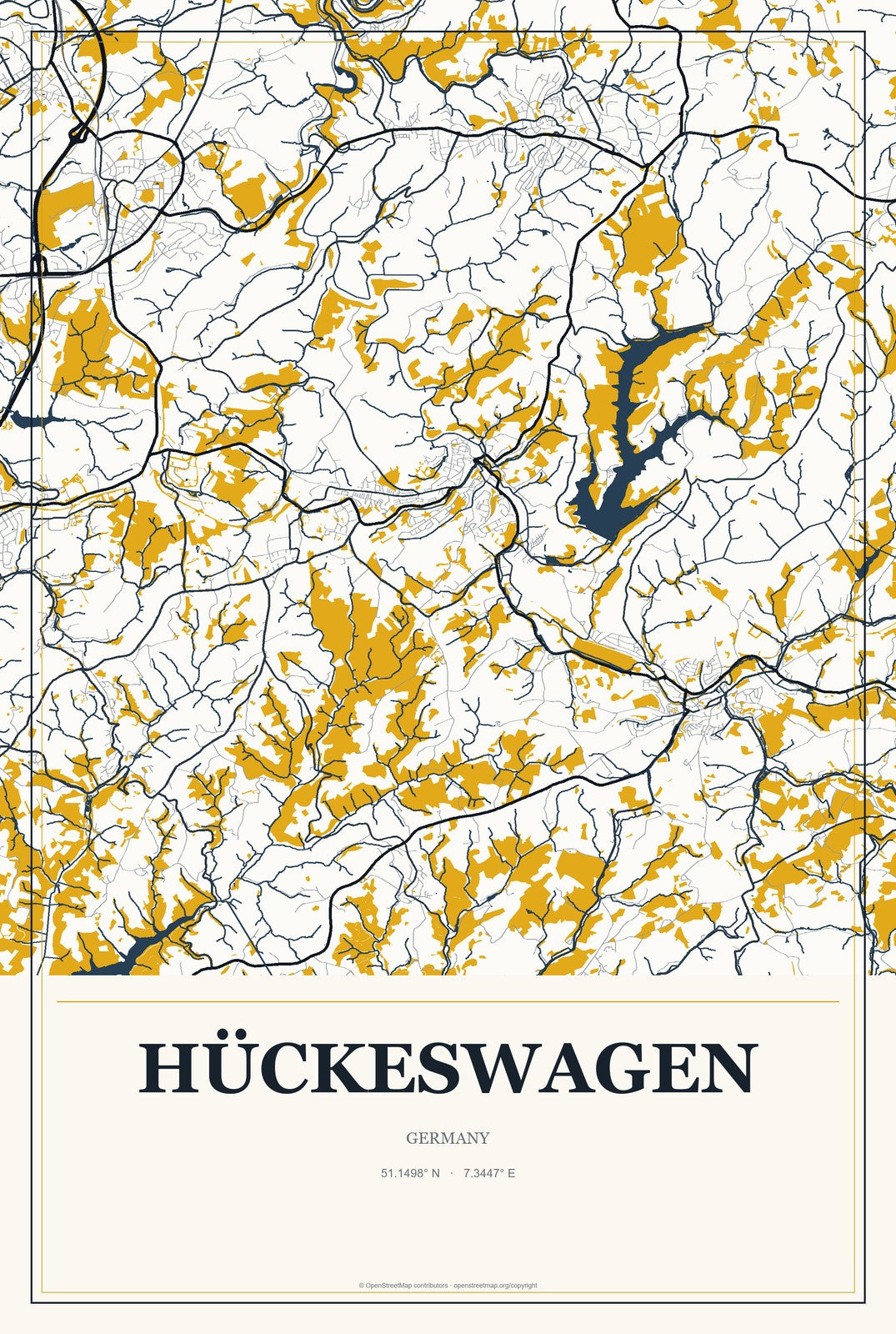 Hückeswagen, Germany City Map Aluminum Sign in Citrine Modern style