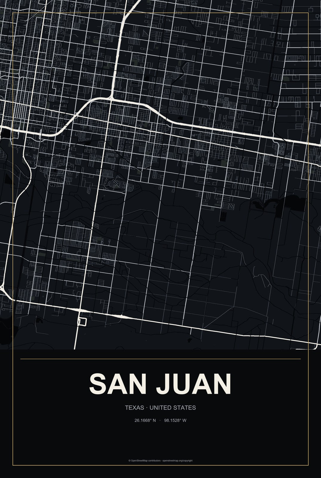 San Juan, Texas City Map Aluminum Sign in Metropolitan Noir style