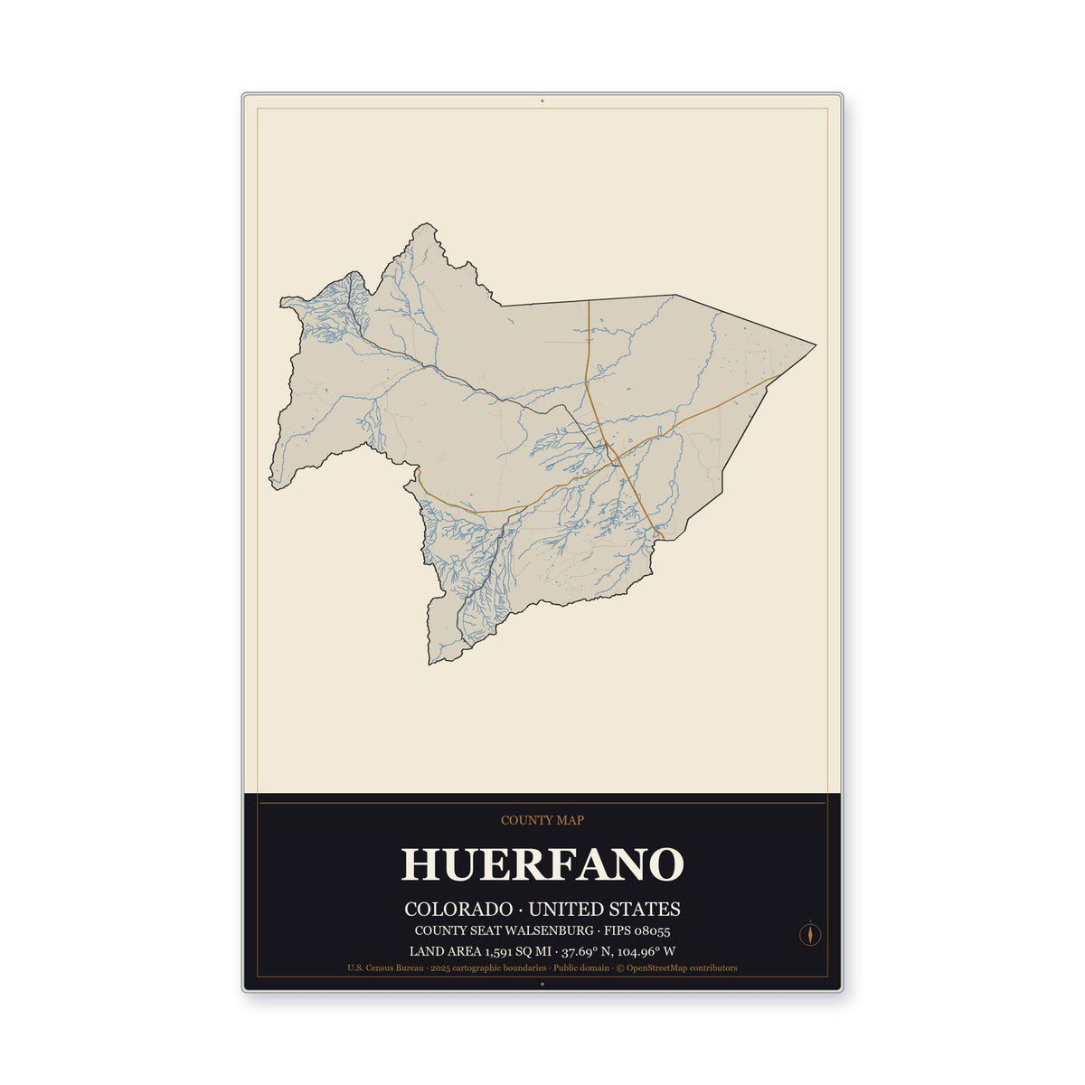 Huerfano County, Colorado Map Aluminum Sign in Museum Plaque style