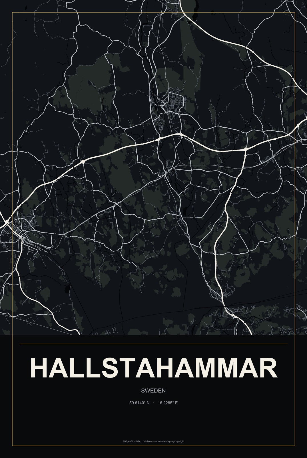 Hallstahammar, Sweden City Map Aluminum Sign in Metropolitan Noir style