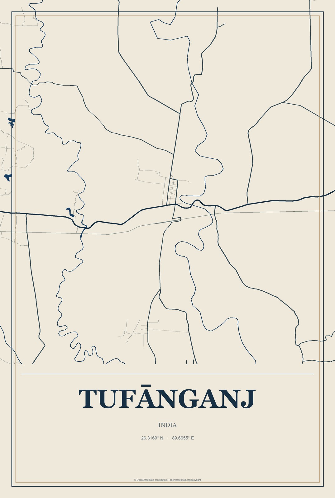 Tufānganj, India City Map Aluminum Sign in Coastal Cutout style