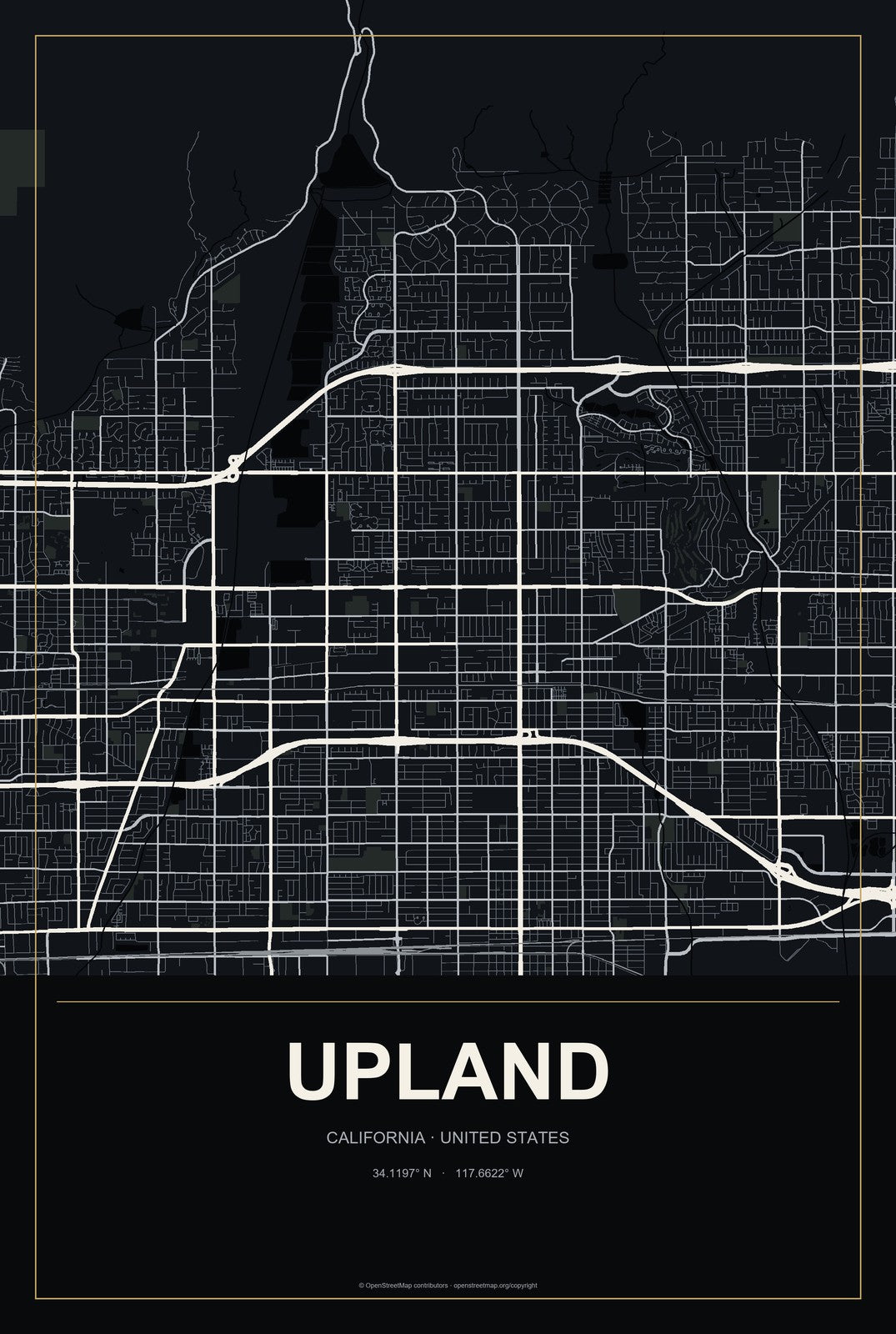 Upland, California City Map Aluminum Sign in Metropolitan Noir style