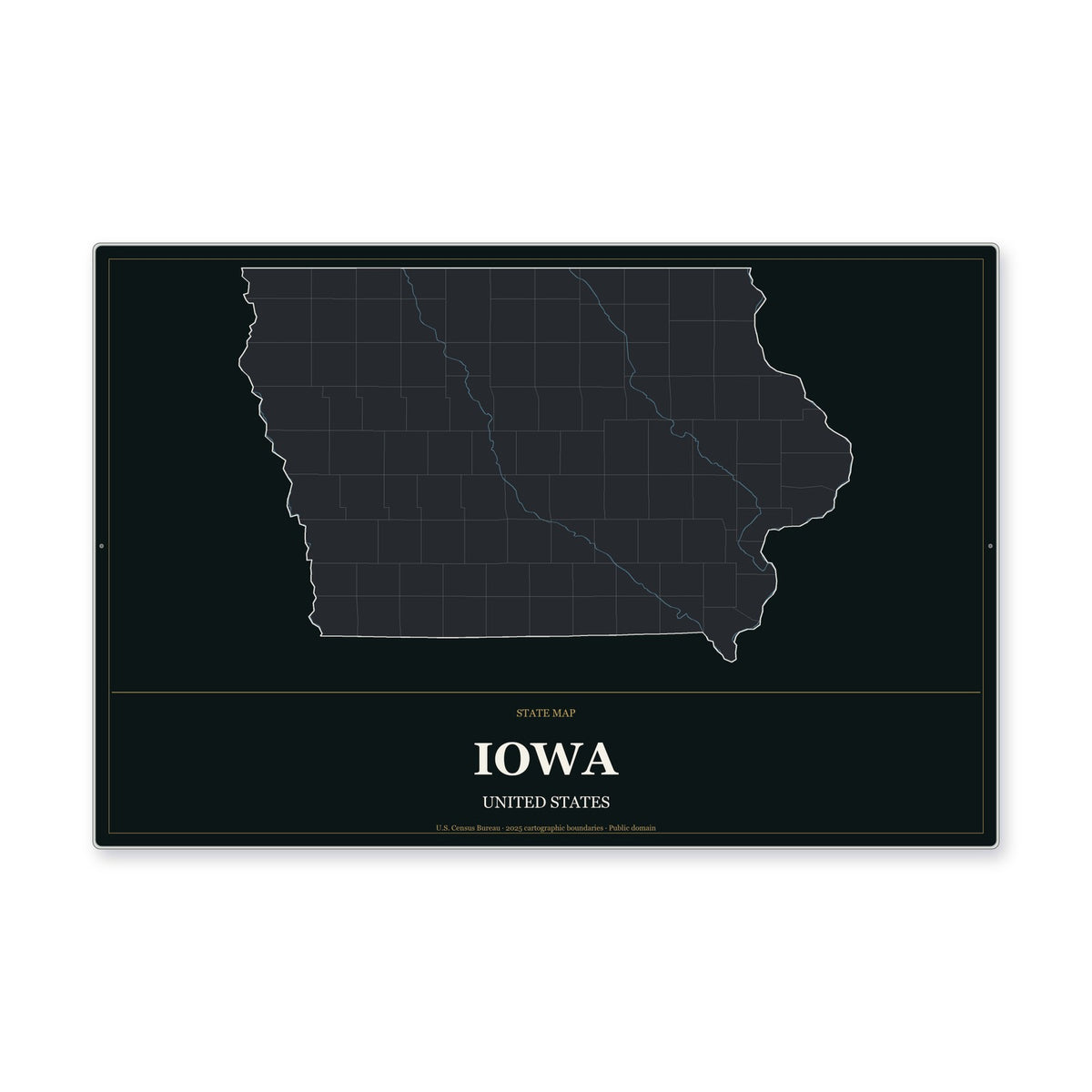 Iowa state map aluminum sign in Metropolitan Noir style