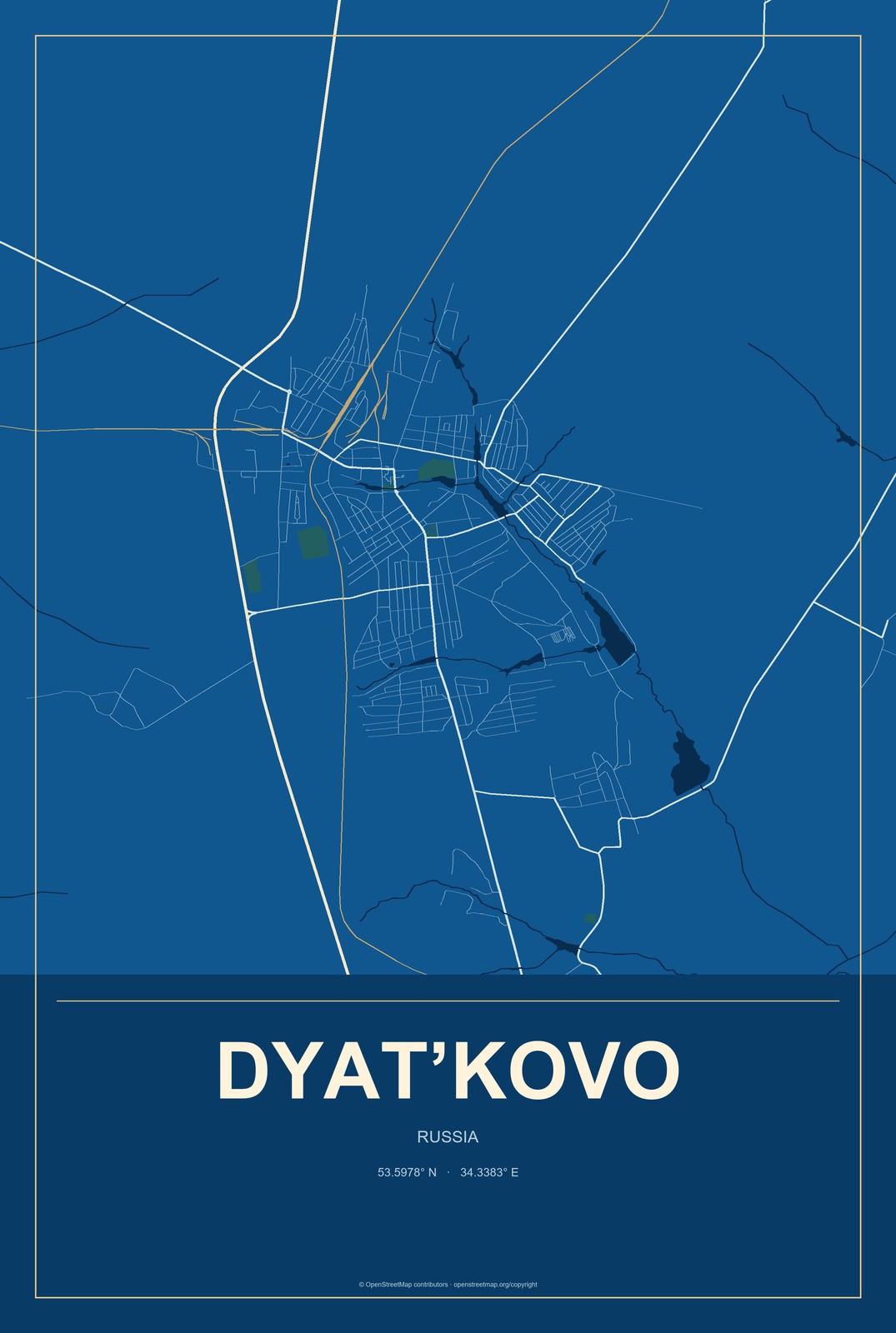 Dyat’kovo, Russia City Map Aluminum Sign in Harbor Cobalt style
