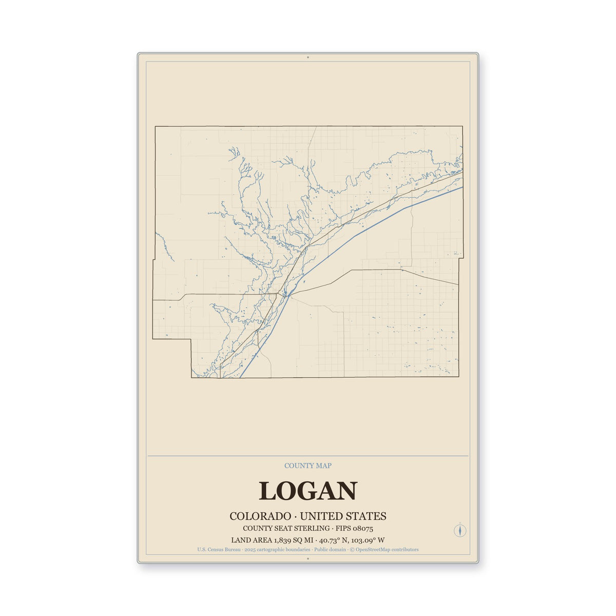 Logan County, Colorado Map Aluminum Sign in Heritage Nautical style