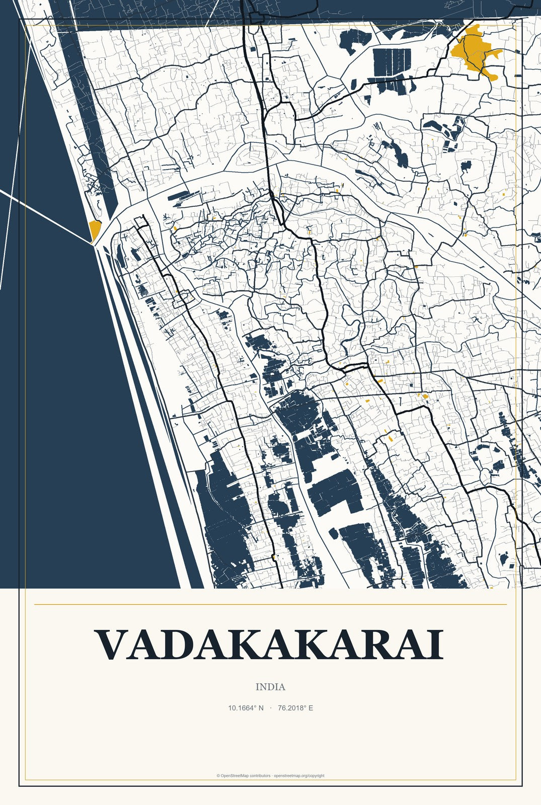 Vadakakarai, India City Map Aluminum Sign in Citrine Modern style