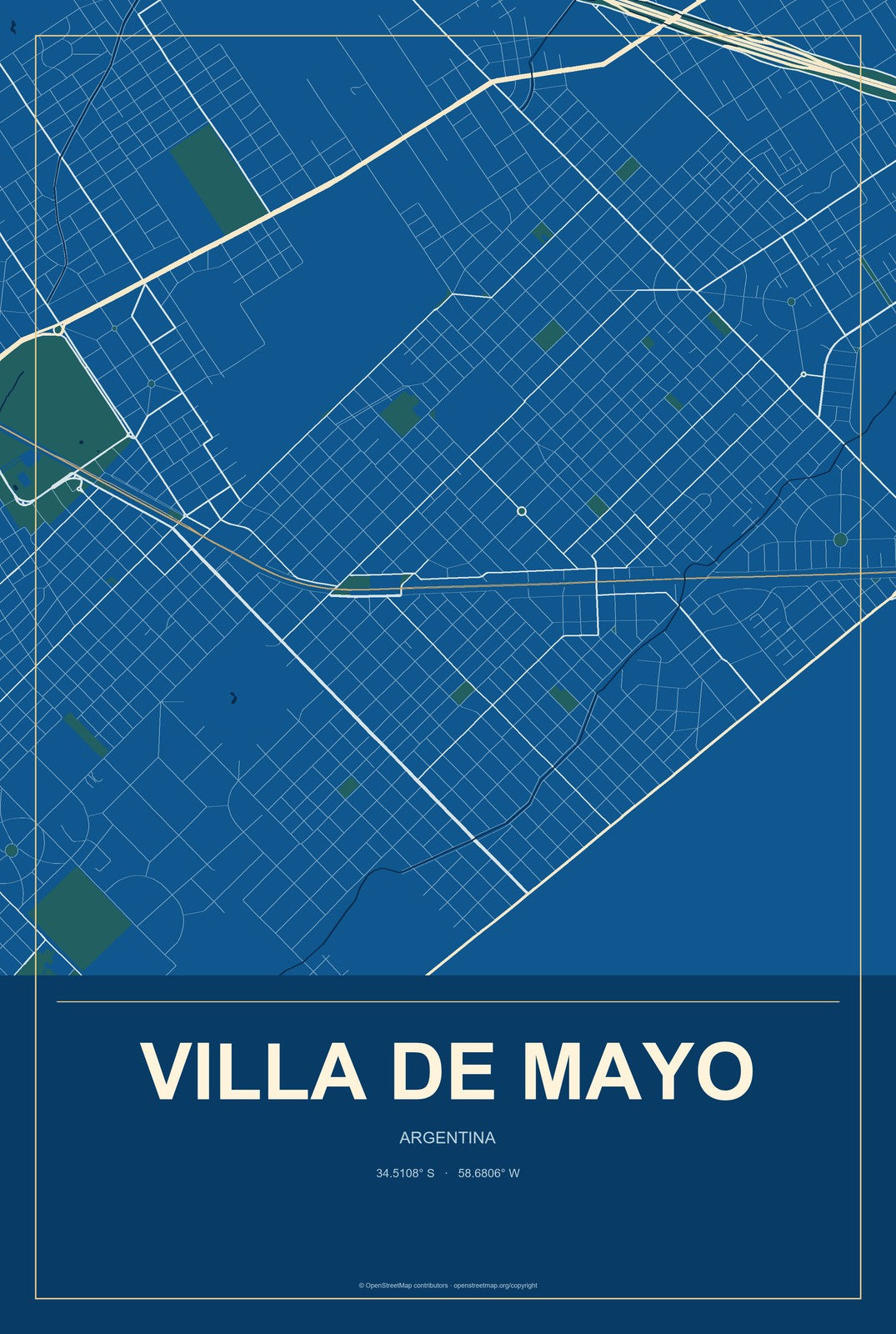 Villa de Mayo, Argentina City Map Aluminum Sign in Harbor Cobalt style