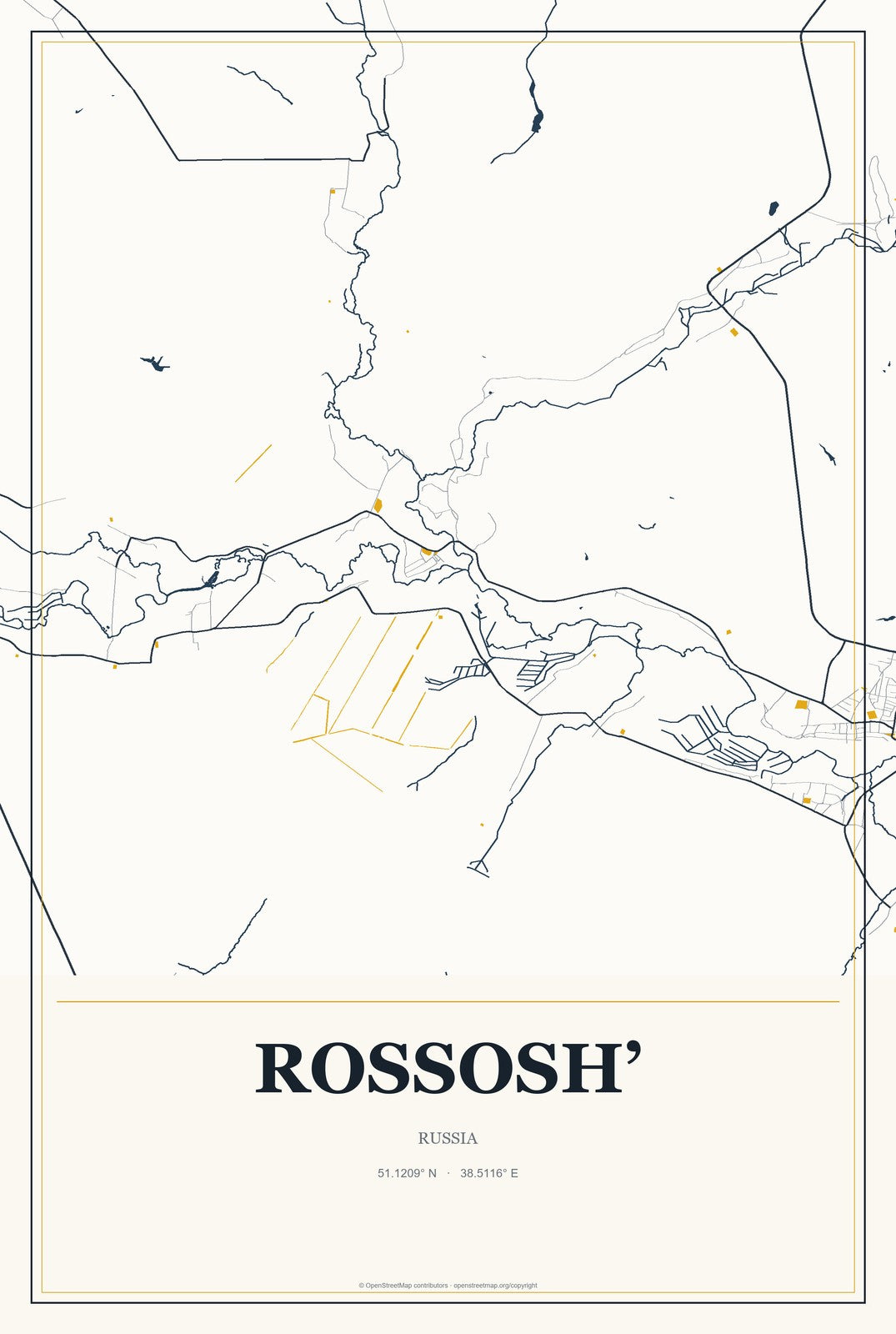 Rossosh’, Russia City Map Aluminum Sign in Citrine Modern style