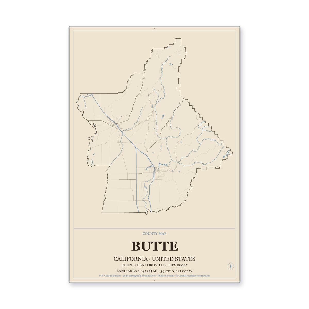 Butte County, California Map Aluminum Sign in Heritage Nautical style