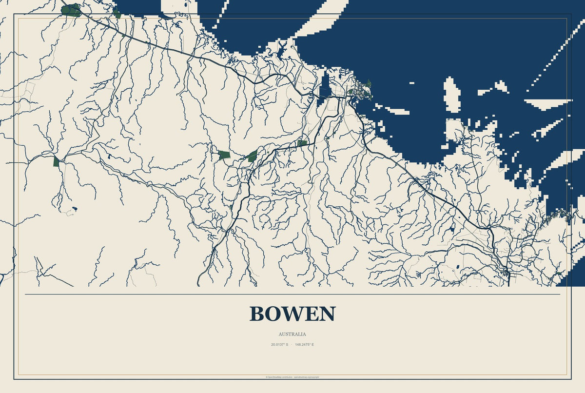Bowen, Australia City Map Aluminum Sign in Coastal Cutout style